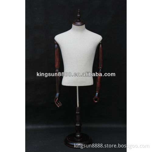 Half body wooden hands man mannequin, tailors professional pinnable male dressform